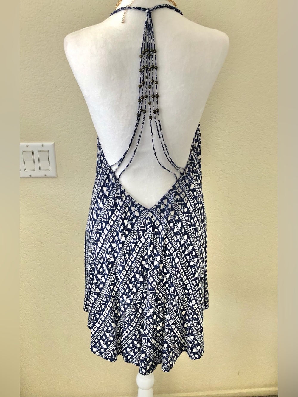 ANGL Navy and White Printed Halter Mini Dress